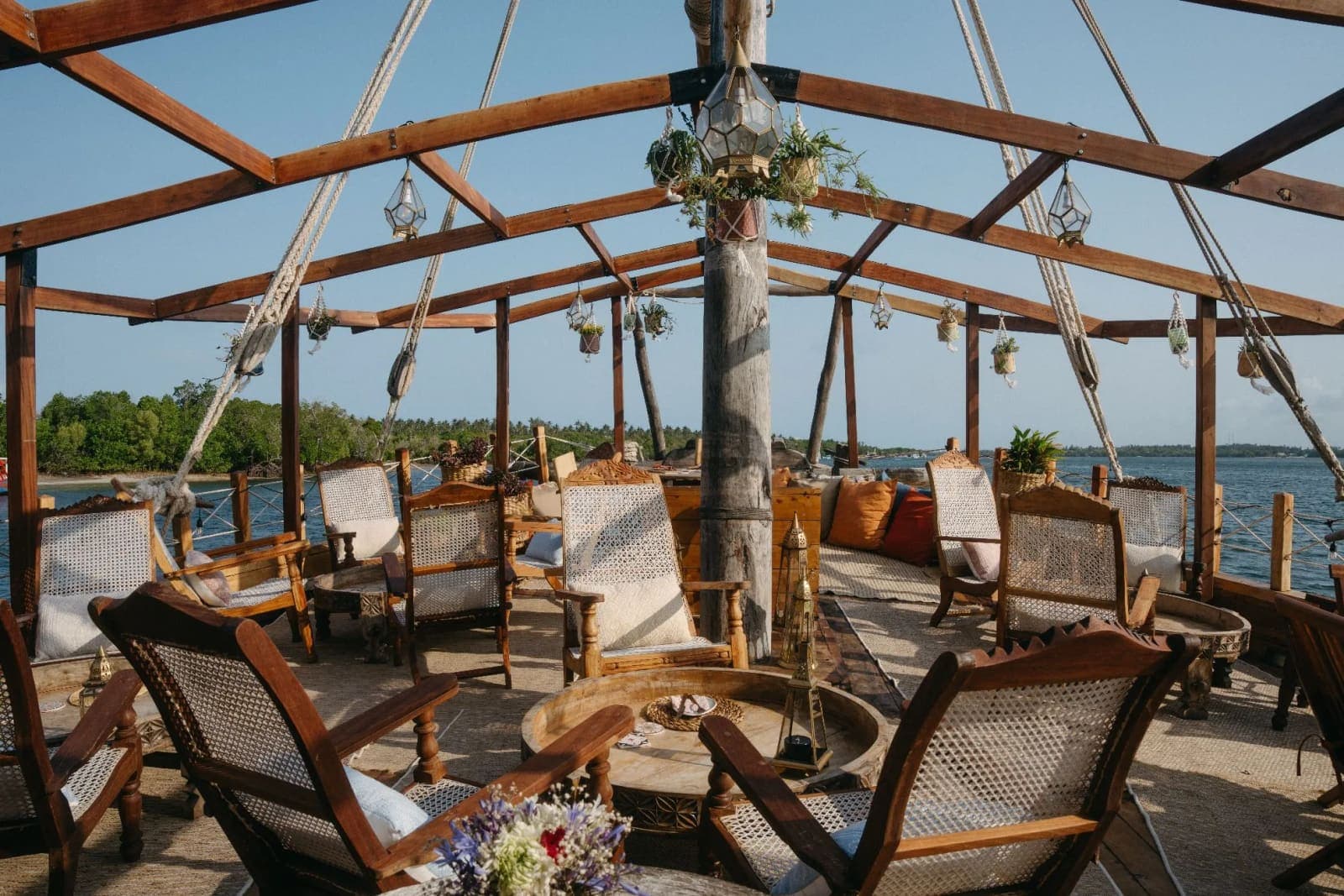 The dhow's deck under lanterns